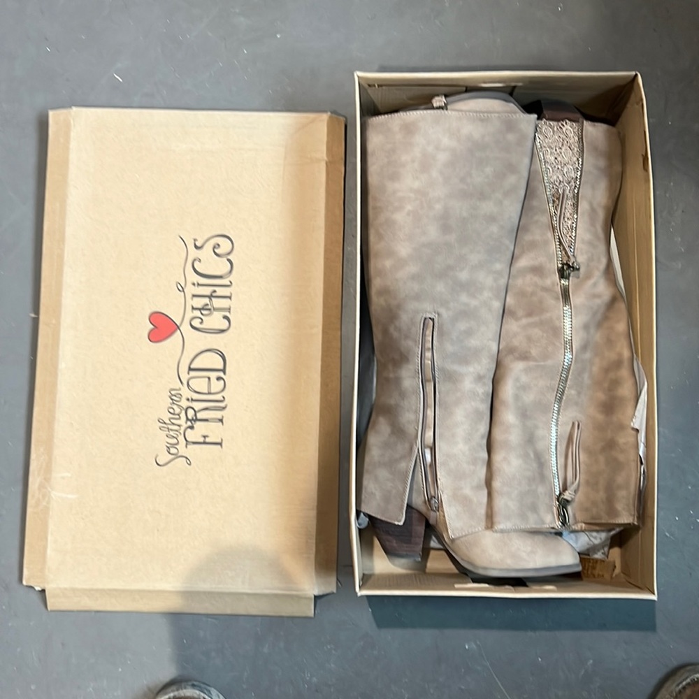 Southern Fried Chicks Sass Tall Taupe Boots Size 7 new with box.